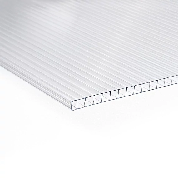 Légkamrás (cellás) 10 mm polikarbonát lemez UV1 víztiszta 2 falú 2.1 m x 5.0 m